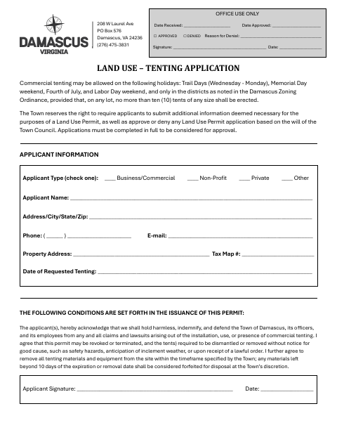 First page of the Land Use – Tenting Application