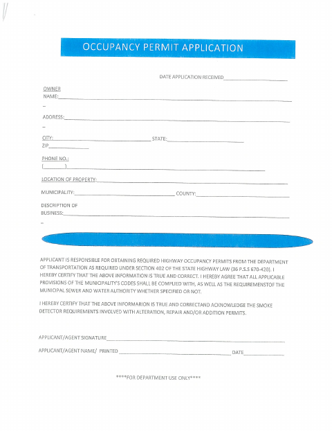 First page of the Occupancy Permit Application