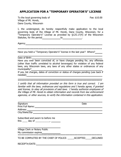 First page of the Temporary Operator’s License Application