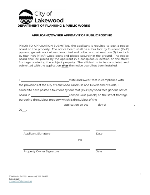 First page of the Applicant/Owner Affidavit of Public Posting Prior to Application Submittal