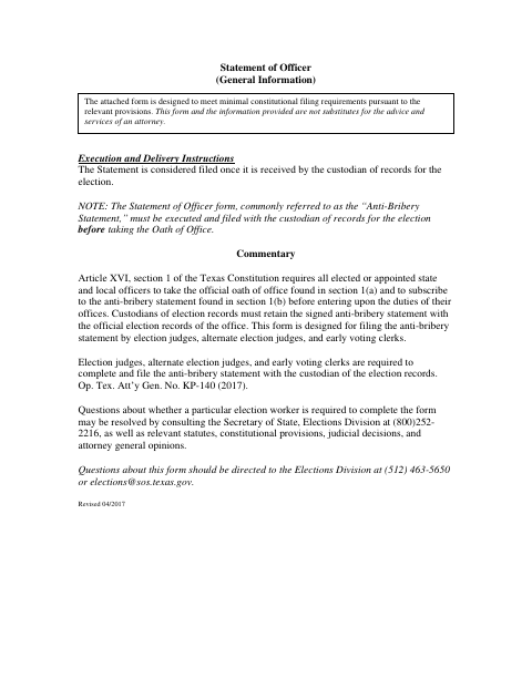 First page of the Statement of Officer