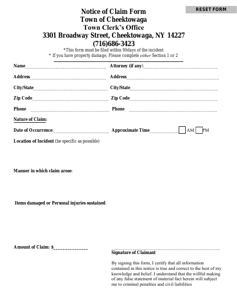 First page of the Notice of Claim Form