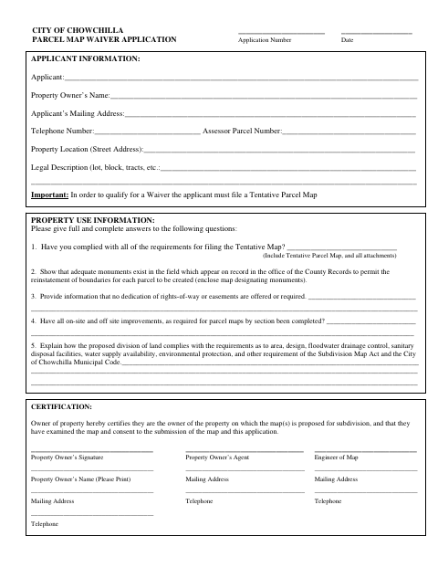 First page of the Parcel Map Waiver Application