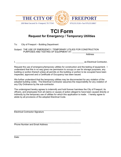 First page of the Emergency / Temporary Utilities Request