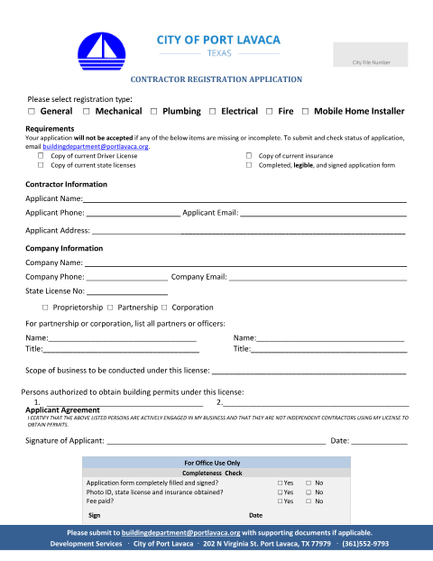 First page of the Contractor Registration License Application