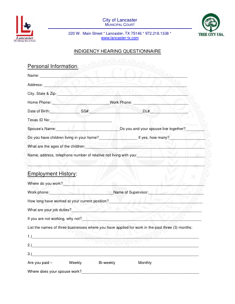 First page of the Indigency Hearing Questionnaire