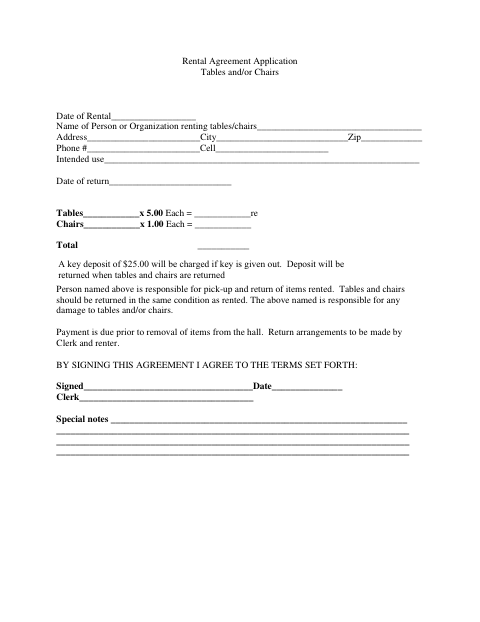 First page of the Chair and Table Rental Application