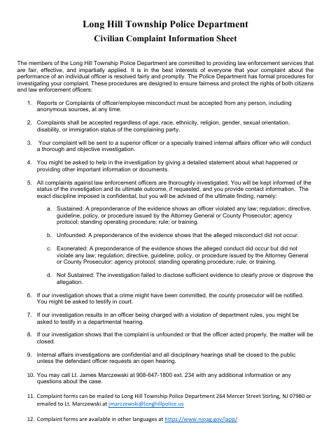 First page of the Civilian Complaint Information Sheet