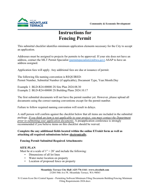 First page of the Commercial Fencing Permit Submittal Checklist