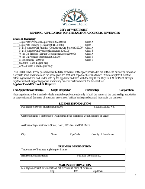 First page of the Renewal Application for the Sale of Alcoholic Beverages