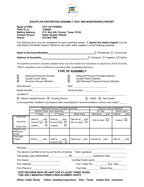 First page of the Backflow Prevention Assembly Test and Maintenance Report
