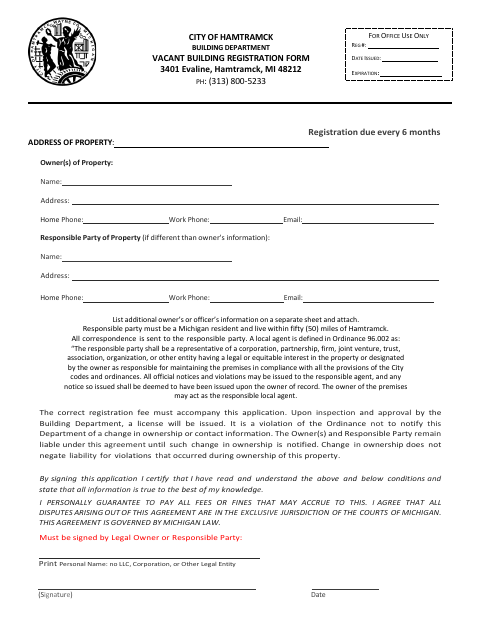 First page of the Vacant Building Registration Form