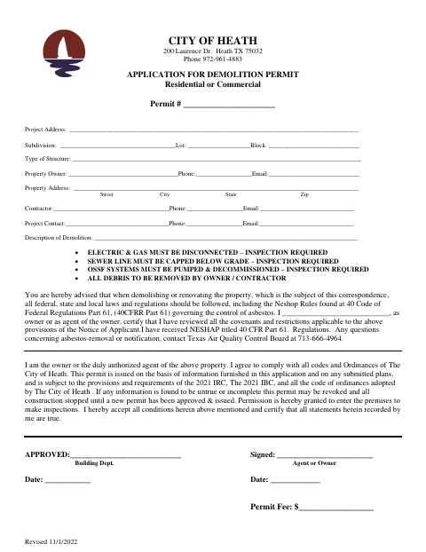 First page of the Application for Demolition Permit