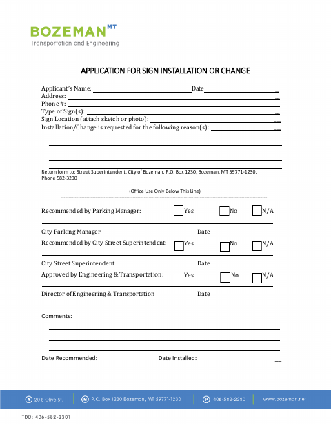 First page of the Sign Installation or Change Application