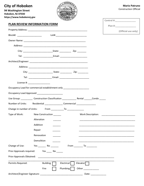 First page of the Plan Review Information Form
