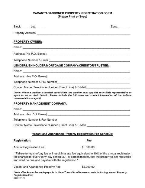 First page of the Vacant/Abandoned Property Registration Form