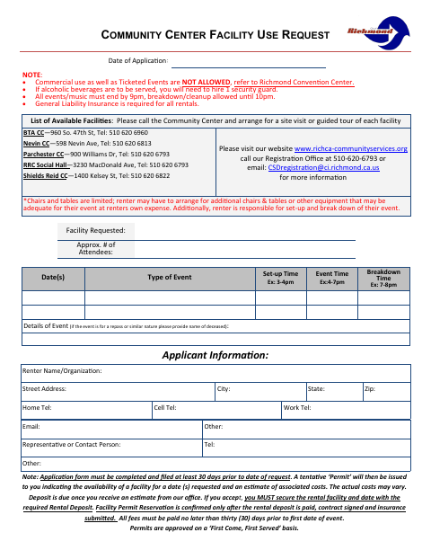 First page of the Community Center Facility Use Request
