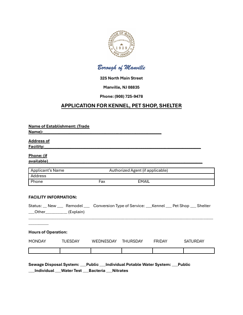 First page of the Application for Kennel, Pet Shop, Shelter