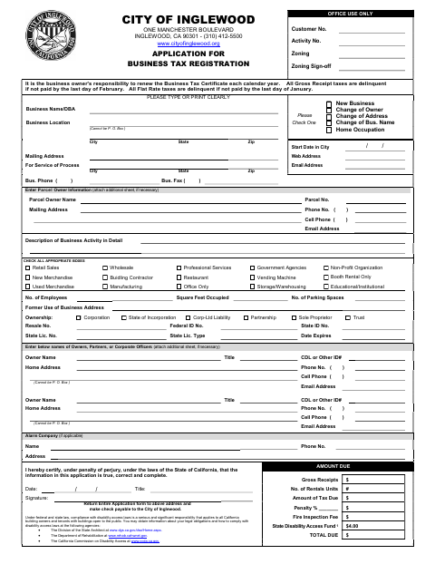 First page of the Application for Business Tax Registration