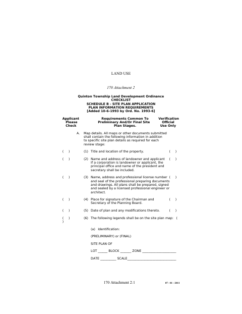 First page of the Schedule B Site Plan Application Plan Information Requirements