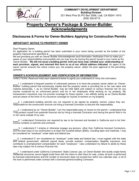 First page of the Property Owner’s Package & Owner-Builder Acknowledgments