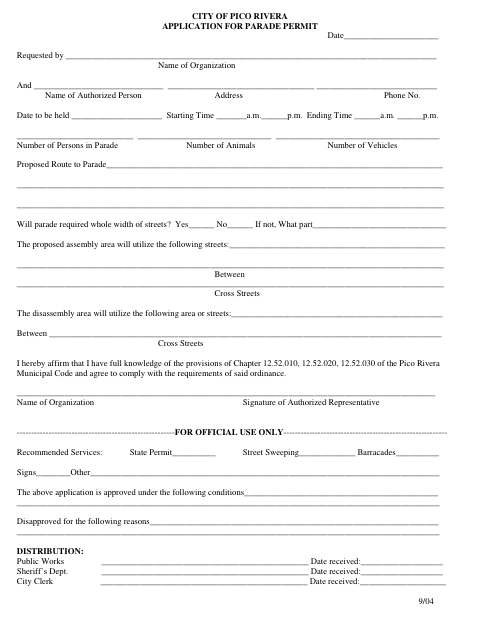 First page of the Application for Parade Permit
