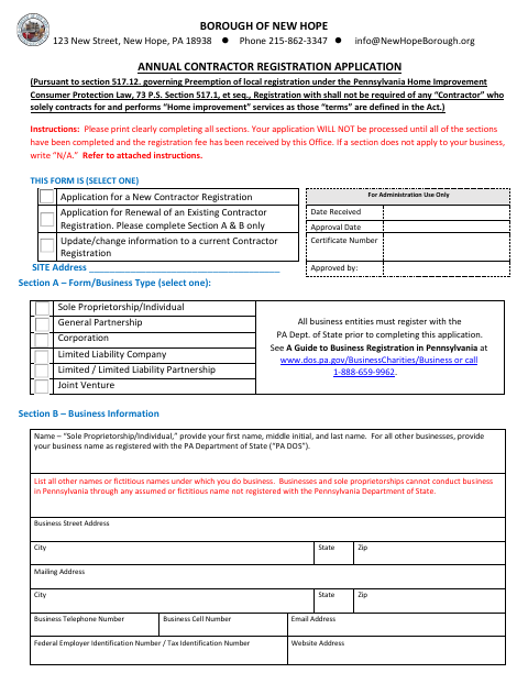 First page of the Annual Contractor Registration Application
