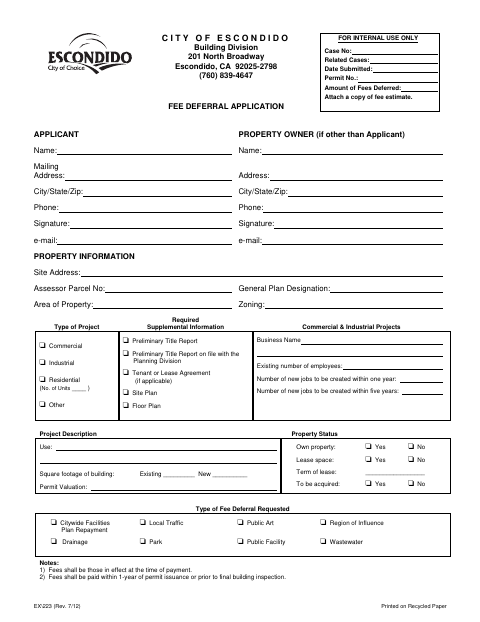 First page of the Fee Deferral Application