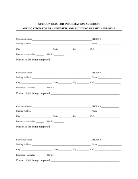 First page of the Sub-Contractor Information Addendum