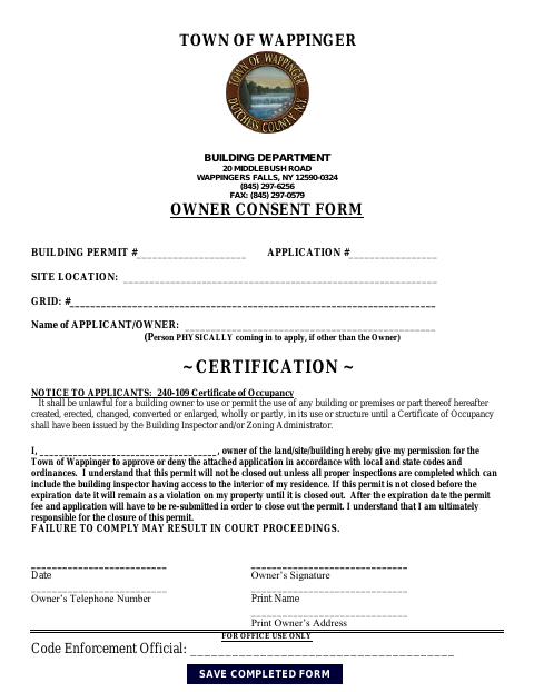 First page of the Owner Consent Form