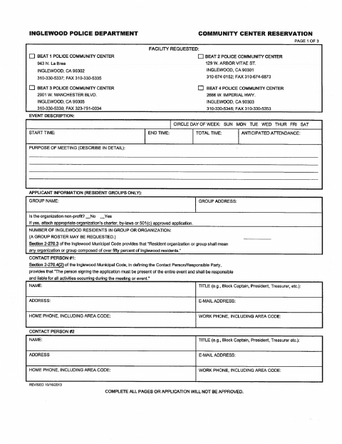 First page of the Police Community Center Reservation Application