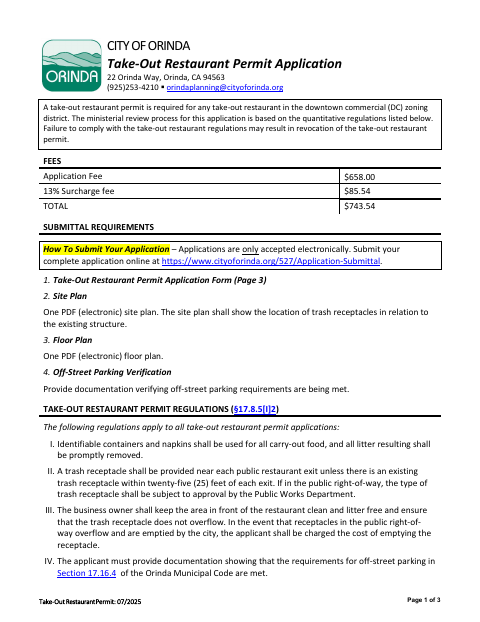 First page of the Take-Out Restaurant Permit Application