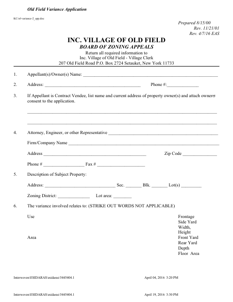 First page of the Zoning Board Variance Application