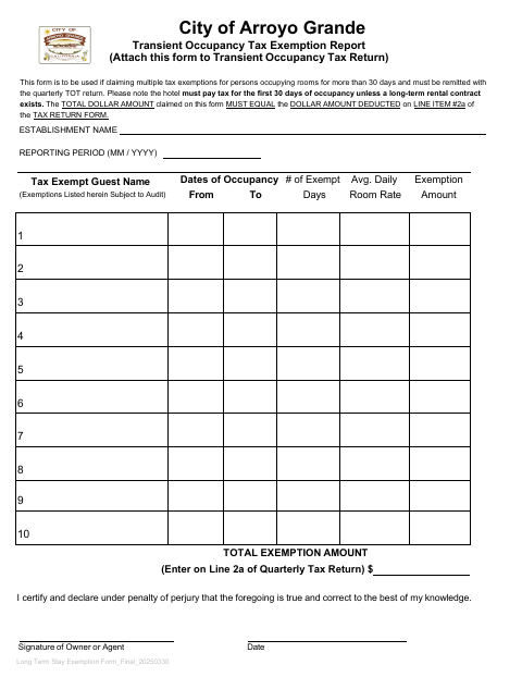 First page of the Transient Occupancy Tax Exemption Report