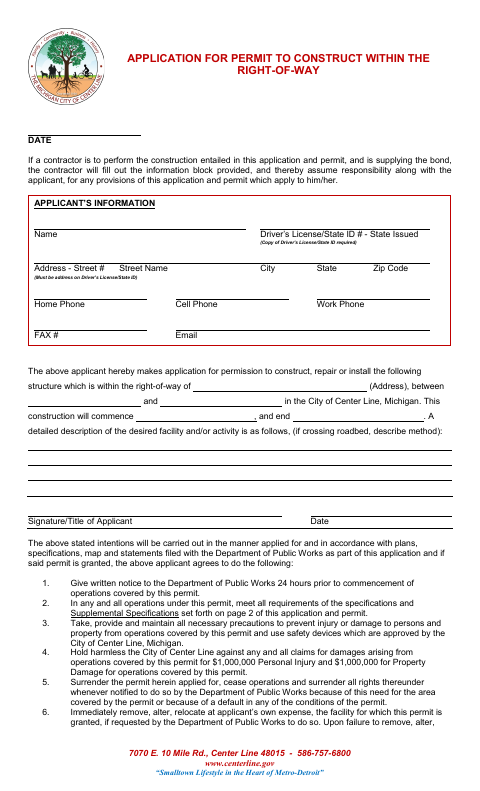 First page of the Application for Permit to Construct Within the Right-of-Way