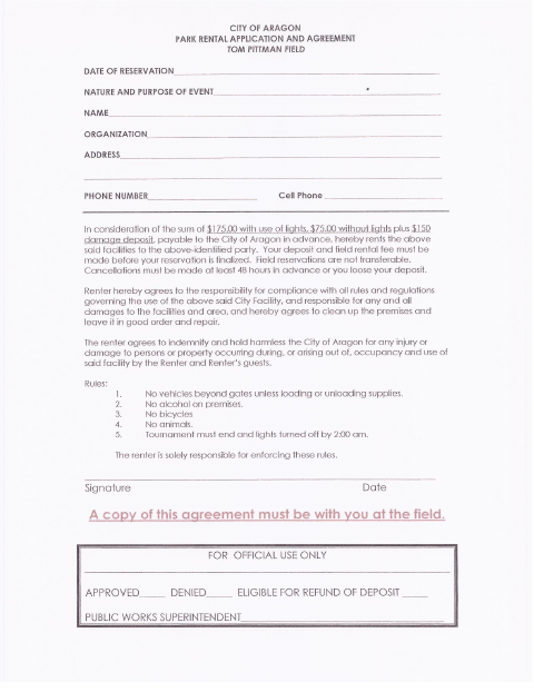 First page of the Tom Pittman Field Park Rental Application and Agreement