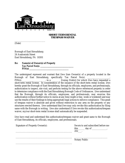 First page of the Short-Term Rental Trespass Waiver