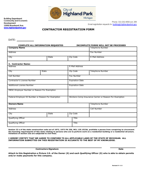 First page of the Contractor Registration Form