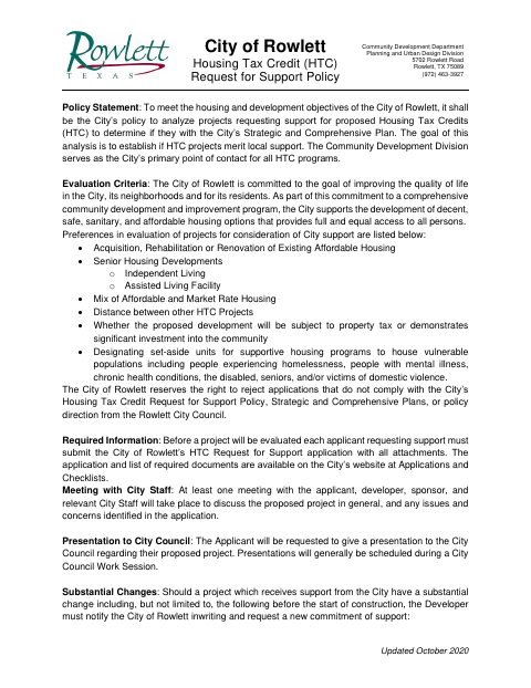 First page of the Housing Tax Credit Request for Support Application