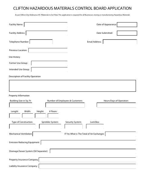 First page of the Hazardous Materials Control Board Application