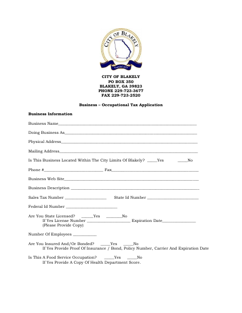 First page of the Business Occupational Tax Application