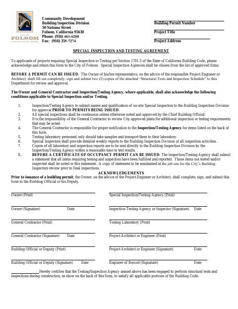 First page of the Special Inspection and Testing Agreement