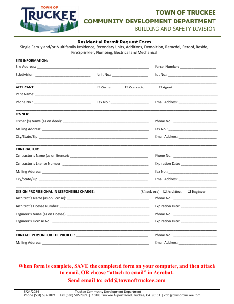 First page of the Residential Permit Request Form