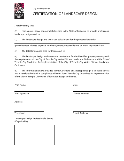 First page of the Certification of Landscape Design