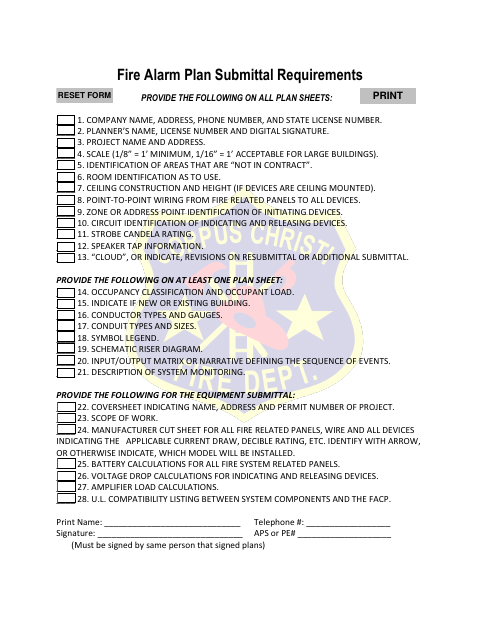 First page of the Fire Alarm Plan Submittal Requirements