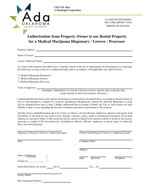 First page of the Authorization to Use Rental Property for Medical Marijuana Business
