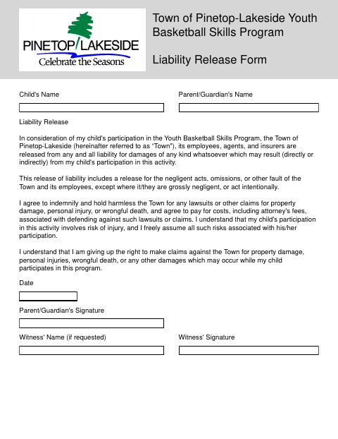 First page of the Youth Basketball Skills Liability Release