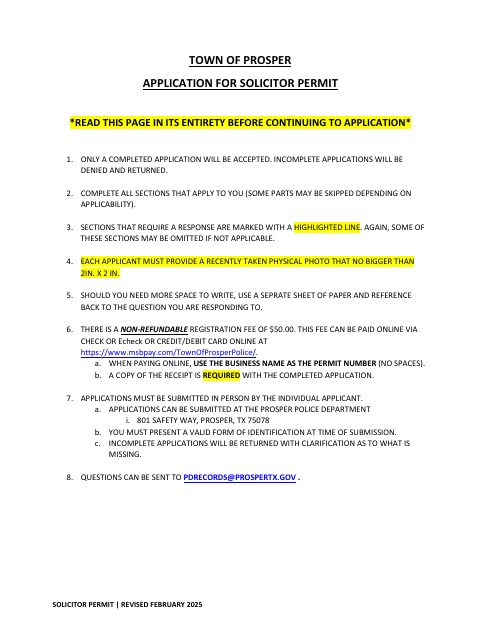 First page of the Solicitor Permit Application