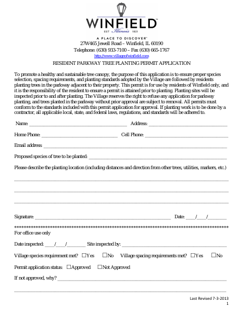 First page of the Resident Parkway Tree Planting Permit Application