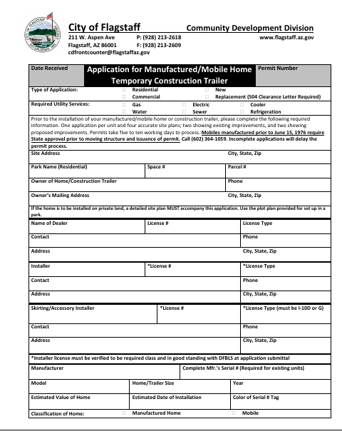 First page of the Application for Manufactured/Mobile Home Temporary Construction Trailer Permit